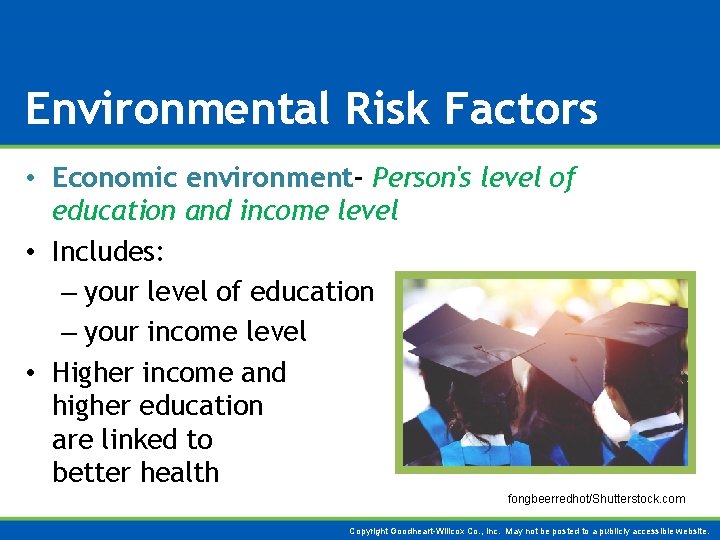 Environmental Risk Factors • Economic environment- Person's level of education and income level •