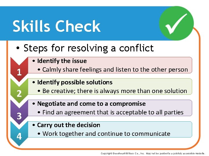 Skills Check • Steps for resolving a conflict 1 2 3 4 • Identify