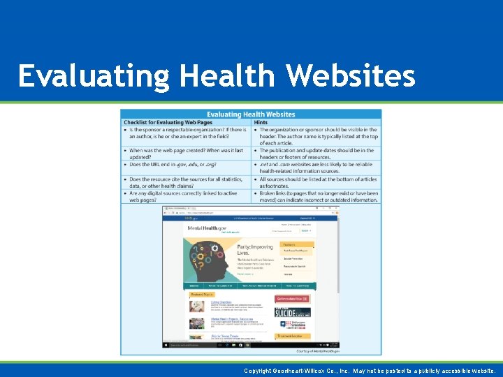 Evaluating Health Websites Copyright Goodheart-Willcox Co. , Inc. May not be posted to a