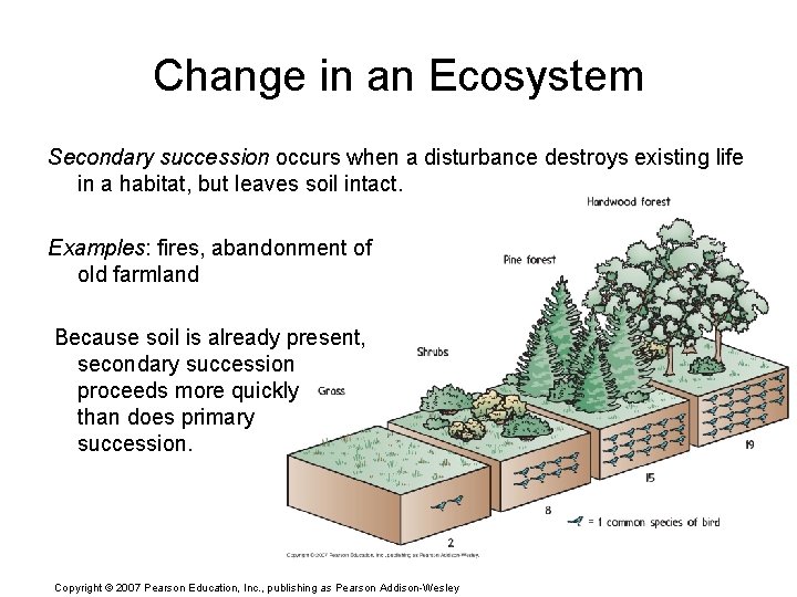 Change in an Ecosystem Secondary succession occurs when a disturbance destroys existing life in