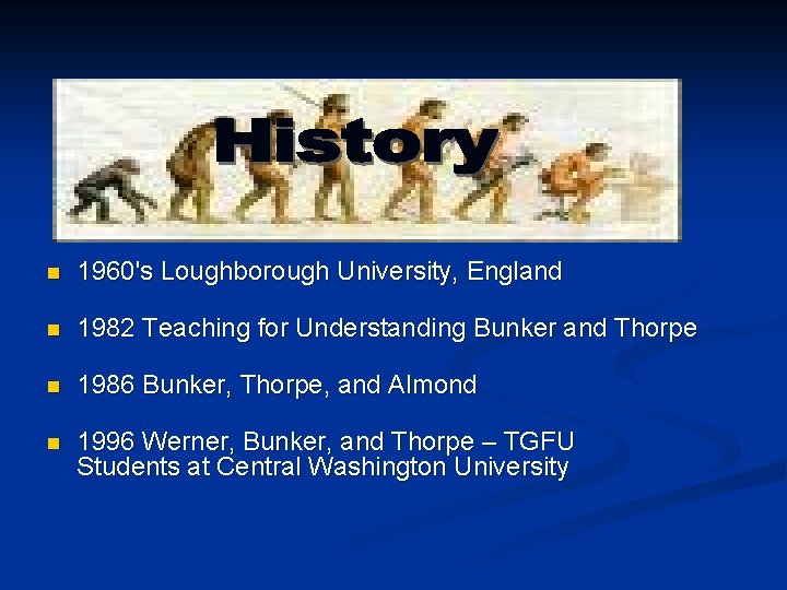 n 1960's Loughborough University, England n 1982 Teaching for Understanding Bunker and Thorpe n