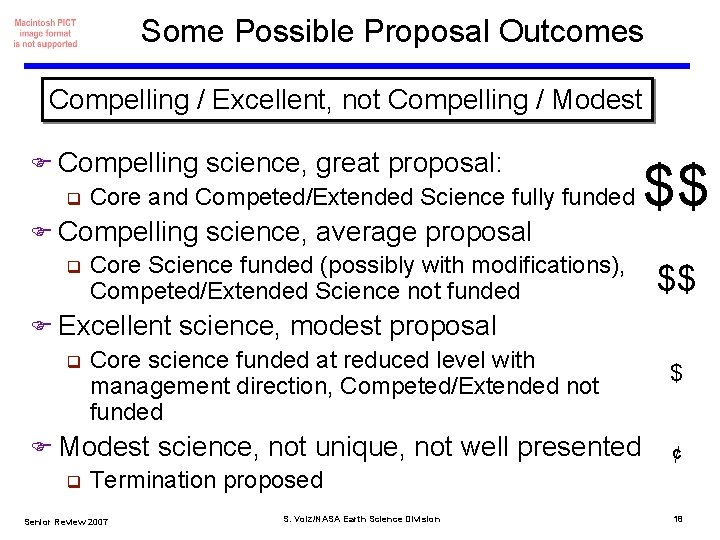 Some Possible Proposal Outcomes Compelling / Excellent, not Compelling / Modest F Compelling science,