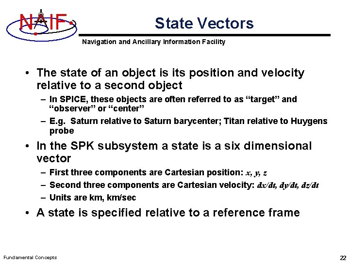 N IF State Vectors Navigation and Ancillary Information Facility • The state of an