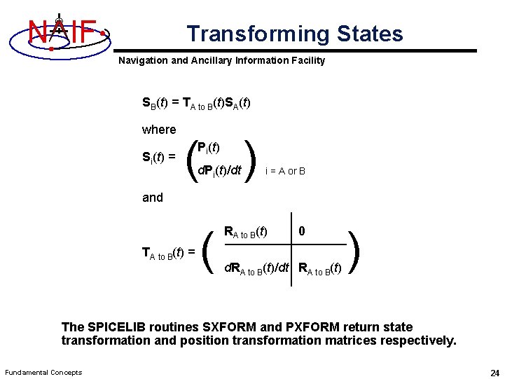 N IF Transforming States Navigation and Ancillary Information Facility SB(t) = TA to B(t)SA(t)