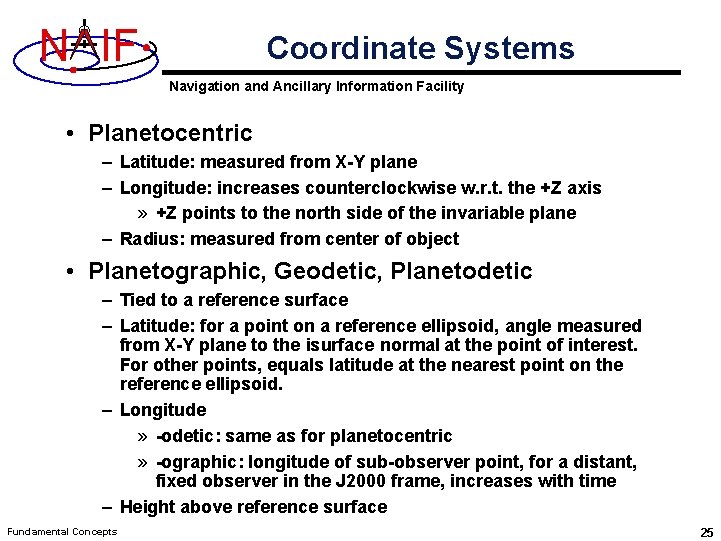 N IF Coordinate Systems Navigation and Ancillary Information Facility • Planetocentric – Latitude: measured