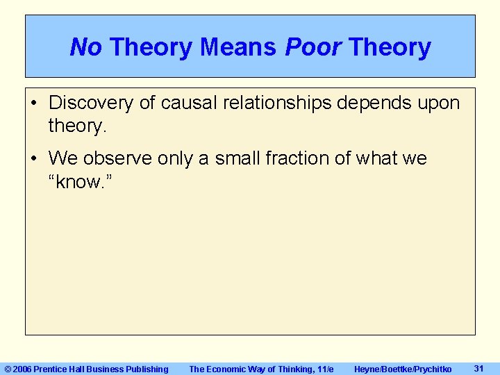 No Theory Means Poor Theory • Discovery of causal relationships depends upon theory. • No Theory Means Poor Theory • Discovery of causal relationships depends upon theory. •