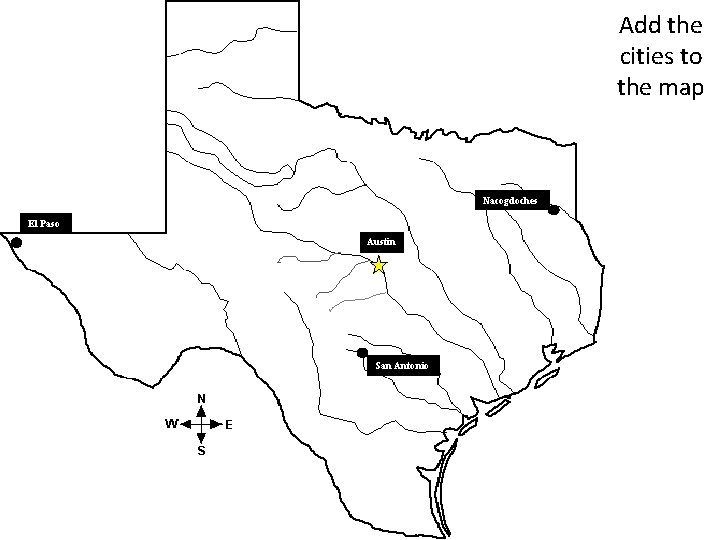 Add the cities to the map Nacogdoches El Paso Austin San Antonio Add the cities to the map Nacogdoches El Paso Austin San Antonio