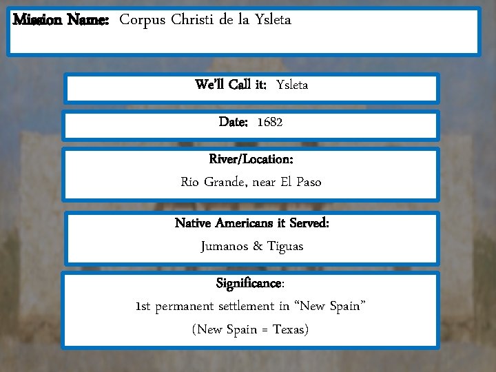 Mission Name: Corpus Christi de la Ysleta We’ll Call it: Ysleta Date: 1682 River/Location: Mission Name: Corpus Christi de la Ysleta We’ll Call it: Ysleta Date: 1682 River/Location: