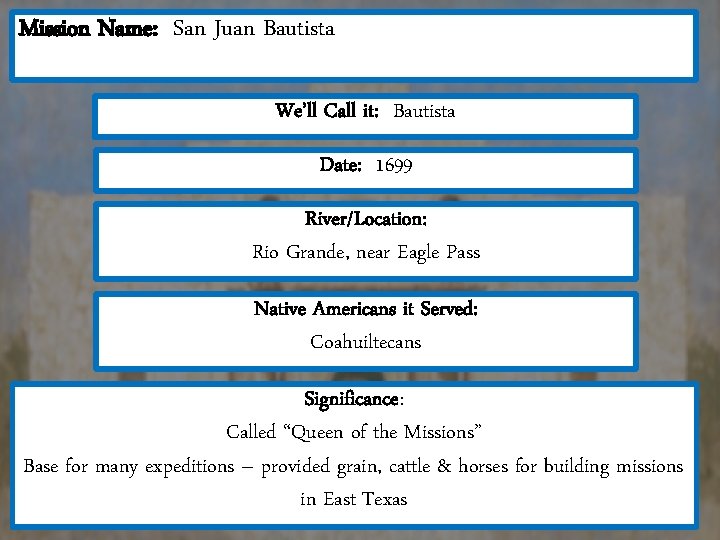 Mission Name: San Juan Bautista We’ll Call it: Bautista Date: 1699 River/Location: Rio Grande, Mission Name: San Juan Bautista We’ll Call it: Bautista Date: 1699 River/Location: Rio Grande,