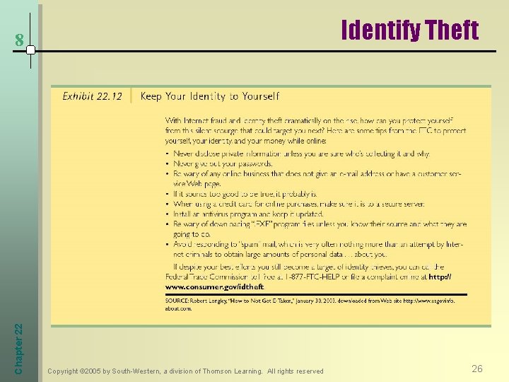 Identify Theft Chapter 22 8 Copyright © 2005 by South-Western, a division of Thomson