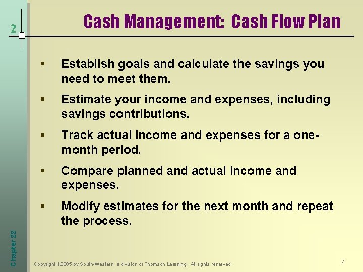 Cash Management: Cash Flow Plan Chapter 22 2 § Establish goals and calculate the