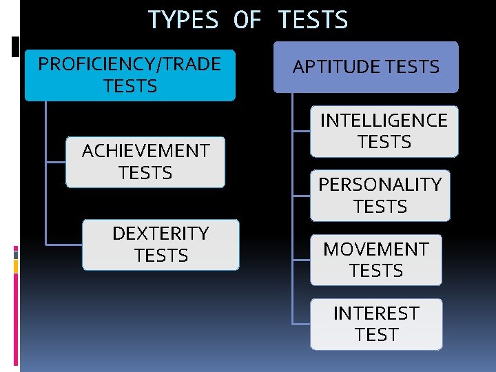 TYPES OF TESTS PROFICIENCY/TRADE TESTS ACHIEVEMENT TESTS DEXTERITY TESTS APTITUDE TESTS INTELLIGENCE TESTS PERSONALITY
