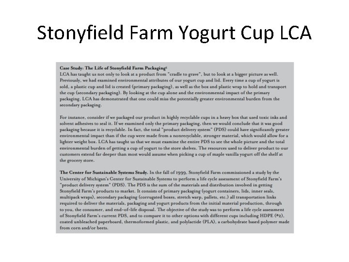 Stonyfield Farm Yogurt Cup LCA 