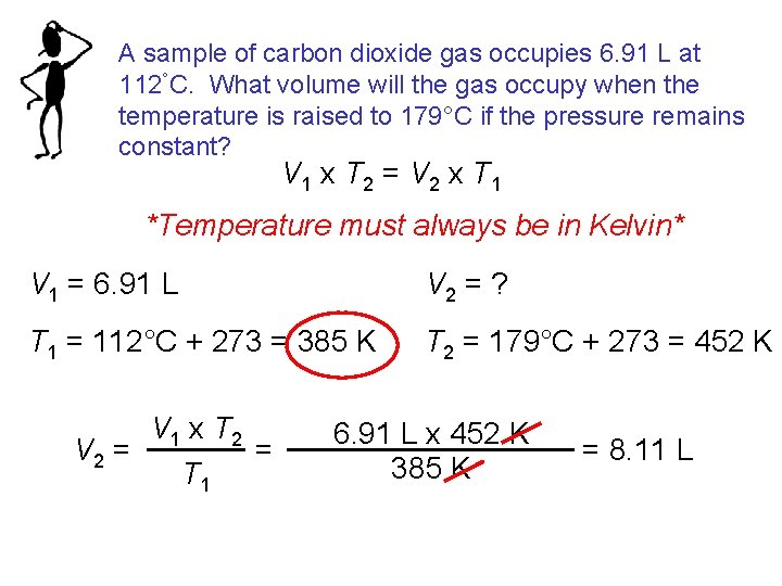 A sample of carbon dioxide gas occupies 6. 91 L at 112°C. What volume