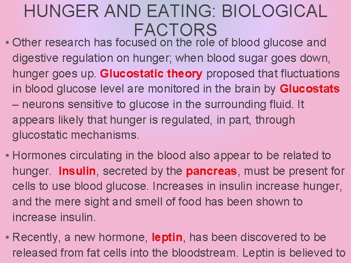 HUNGER AND EATING: BIOLOGICAL FACTORS • Other research has focused on the role of