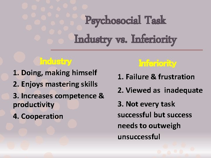 Psychosocial Task Industry vs. Inferiority Industry 1. Doing, making himself 2. Enjoys mastering skills