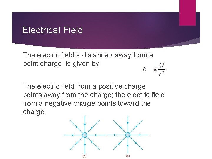 Electrical Field The electric field a distance r away from a point charge is