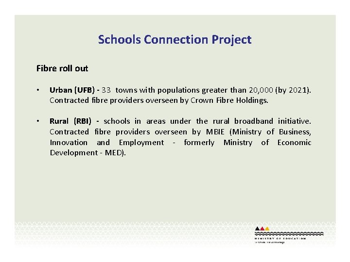 Schools Connection Project Fibre roll out • Urban (UFB) - 33 towns with populations