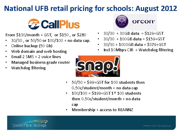 National UFB retail pricing for schools: August 2012 From $130/month + GST, or $150