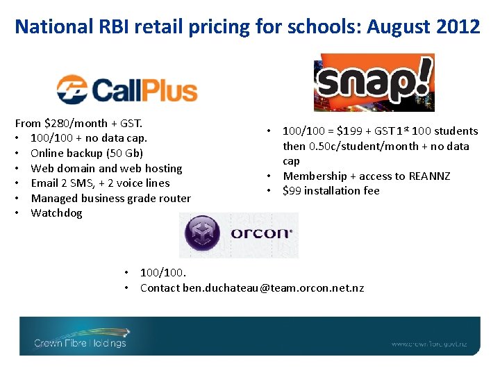 National RBI retail pricing for schools: August 2012 From $280/month + GST. • 100/100