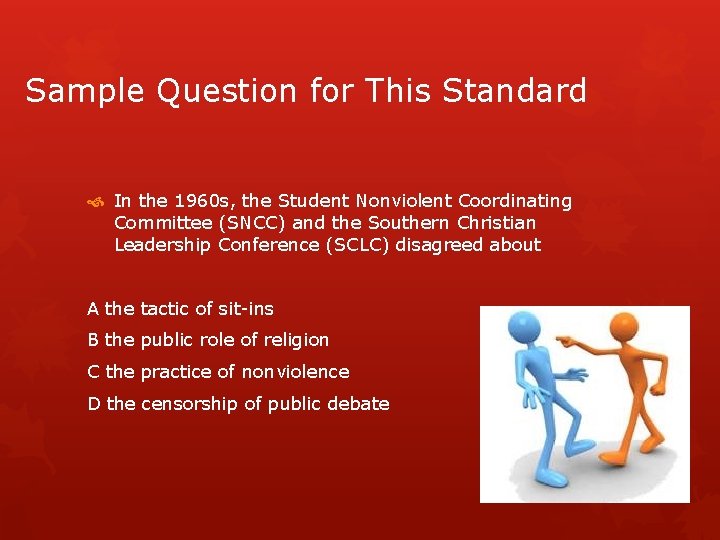 Sample Question for This Standard In the 1960 s, the Student Nonviolent Coordinating Committee