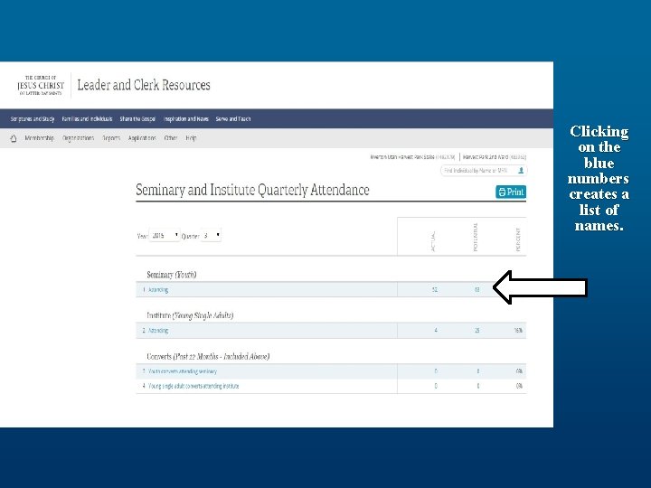 Clicking on the blue numbers creates a list of names. 