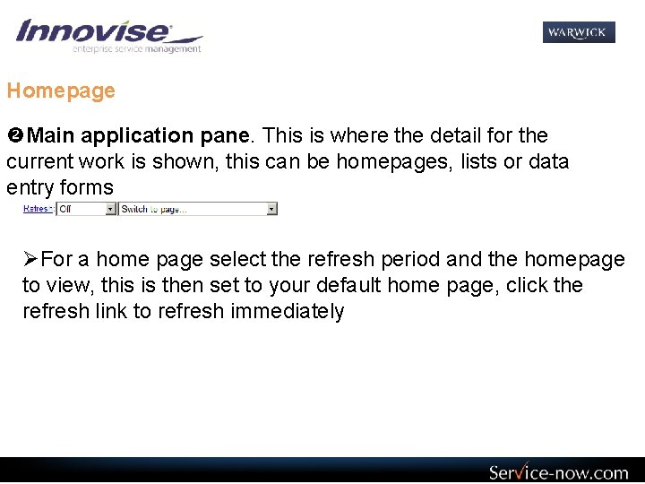 Homepage Main application pane. This is where the detail for the current work is