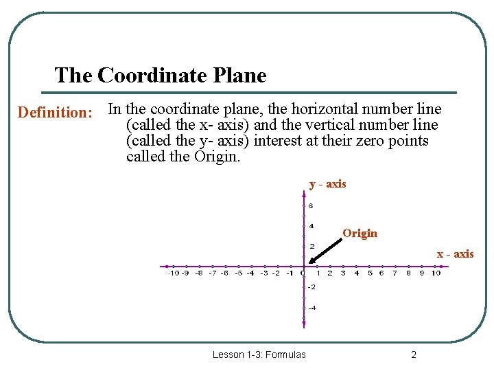 The Coordinate Plane Definition: In the coordinate plane, the horizontal number line (called the