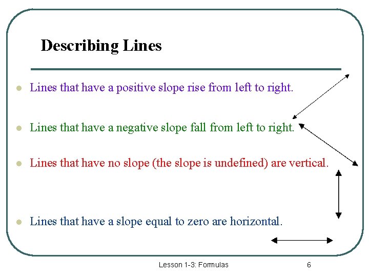 Describing Lines l Lines that have a positive slope rise from left to right.