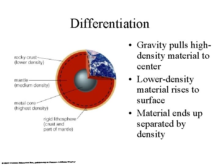 Differentiation • Gravity pulls highdensity material to center • Lower-density material rises to surface