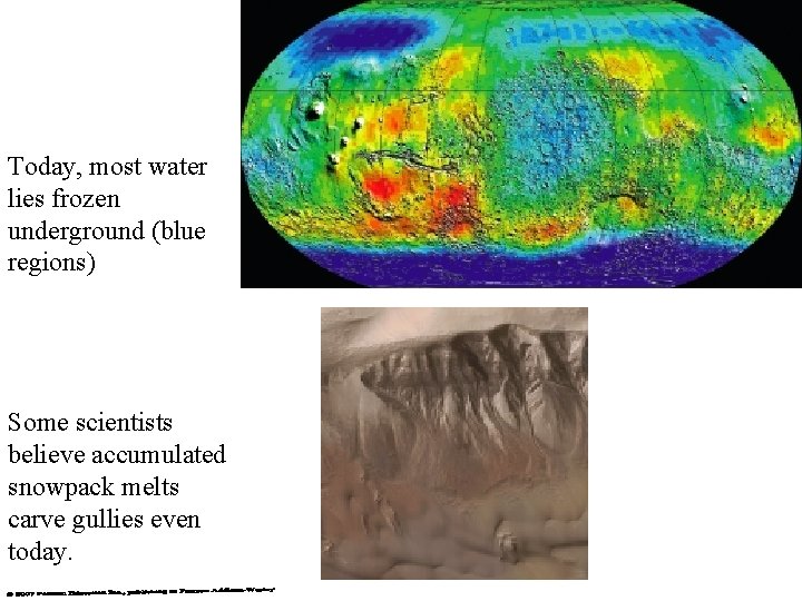 Today, most water lies frozen underground (blue regions) Some scientists believe accumulated snowpack melts