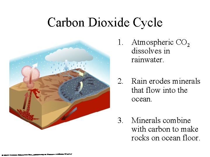 Carbon Dioxide Cycle 1. Atmospheric CO 2 dissolves in rainwater. 2. Rain erodes minerals