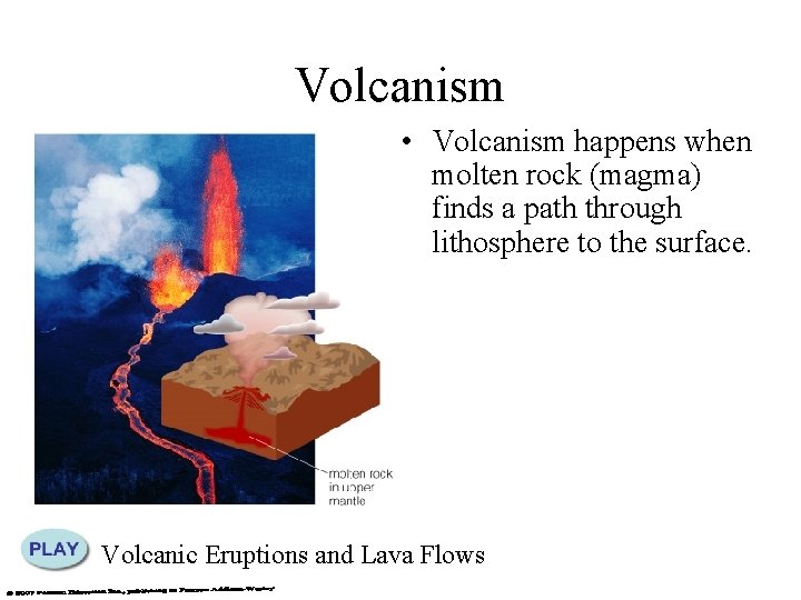 Volcanism • Volcanism happens when molten rock (magma) finds a path through lithosphere to