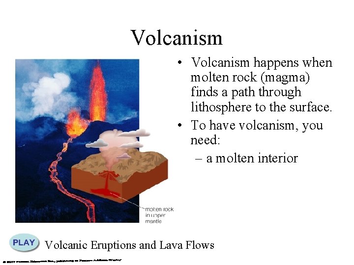 Volcanism • Volcanism happens when molten rock (magma) finds a path through lithosphere to