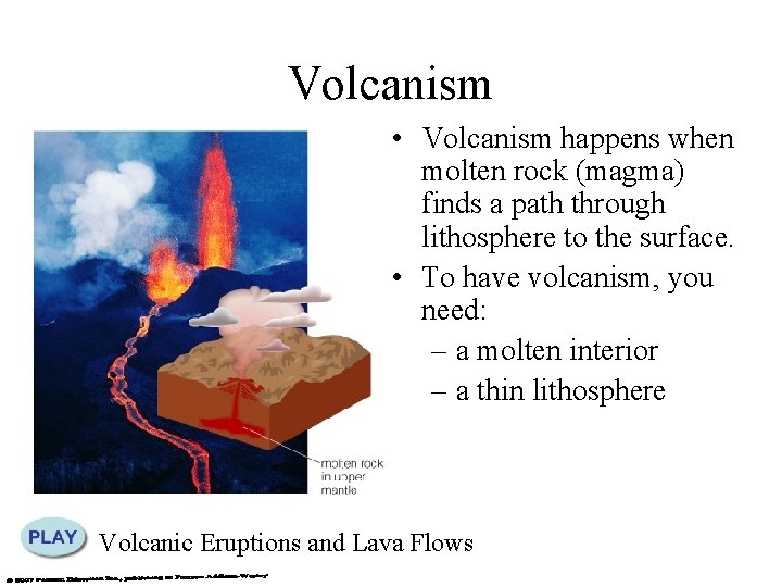 Volcanism • Volcanism happens when molten rock (magma) finds a path through lithosphere to