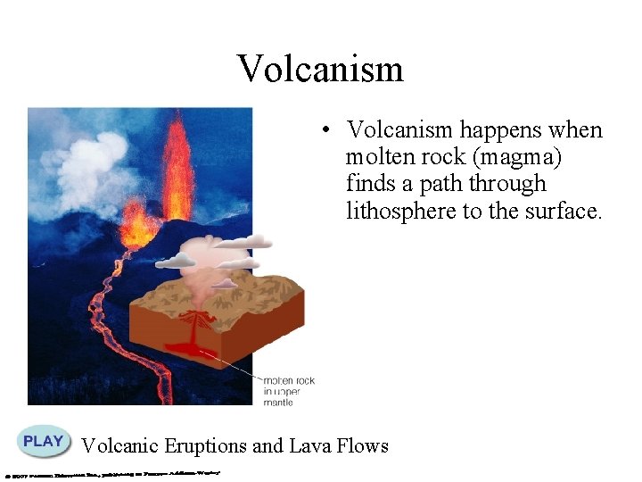 Volcanism • Volcanism happens when molten rock (magma) finds a path through lithosphere to