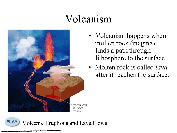 Volcanism • Volcanism happens when molten rock (magma) finds a path through lithosphere to