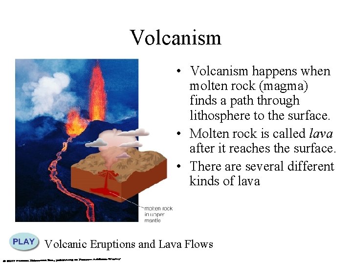 Volcanism • Volcanism happens when molten rock (magma) finds a path through lithosphere to