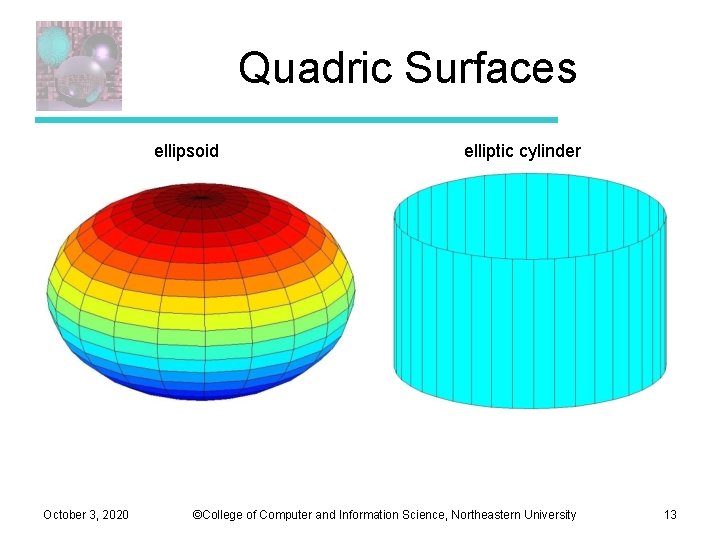 Quadric Surfaces ellipsoid October 3, 2020 elliptic cylinder ©College of Computer and Information Science, Quadric Surfaces ellipsoid October 3, 2020 elliptic cylinder ©College of Computer and Information Science,