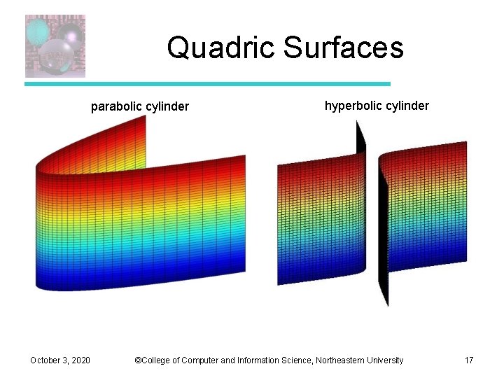 Quadric Surfaces parabolic cylinder October 3, 2020 hyperbolic cylinder ©College of Computer and Information Quadric Surfaces parabolic cylinder October 3, 2020 hyperbolic cylinder ©College of Computer and Information