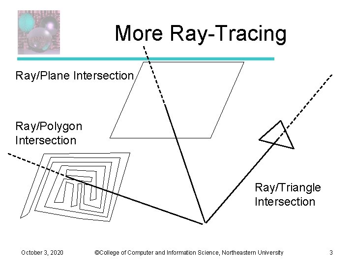 More Ray-Tracing Ray/Plane Intersection Ray/Polygon Intersection Ray/Triangle Intersection October 3, 2020 ©College of Computer More Ray-Tracing Ray/Plane Intersection Ray/Polygon Intersection Ray/Triangle Intersection October 3, 2020 ©College of Computer