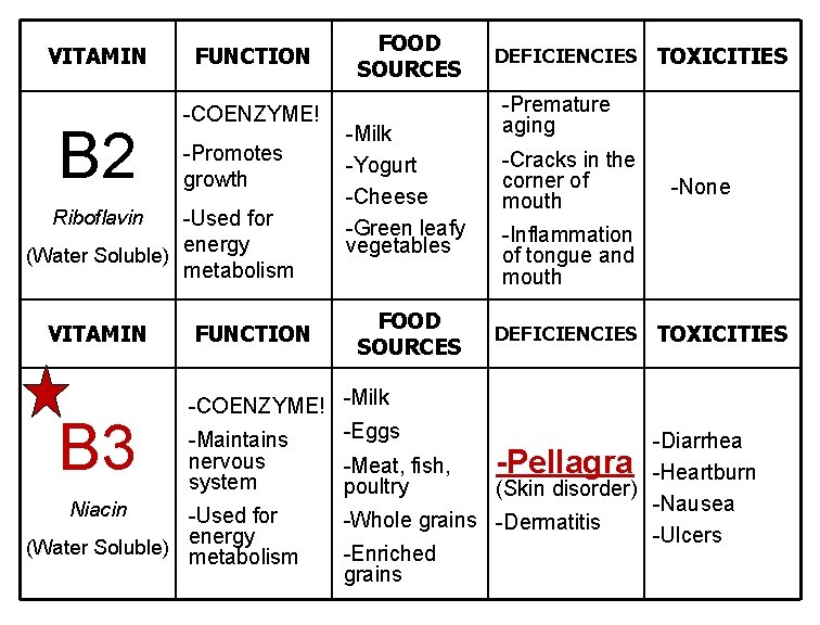 VITAMIN B 2 FUNCTION -COENZYME! -Promotes growth -Used for energy (Water Soluble) metabolism Riboflavin