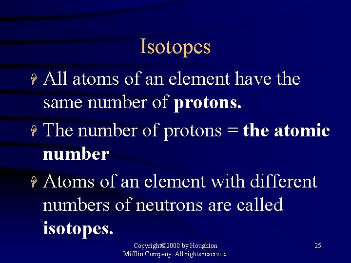Isotopes All atoms of an element have the same number of protons. H The