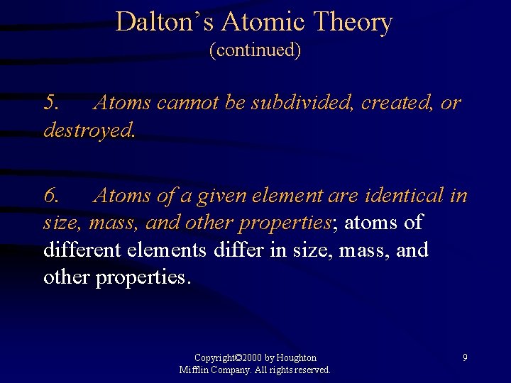 Dalton’s Atomic Theory (continued) 5. Atoms cannot be subdivided, created, or destroyed. 6. Atoms