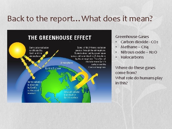 Back to the report…What does it mean? Greenhouse Gases • Carbon dioxide - CO