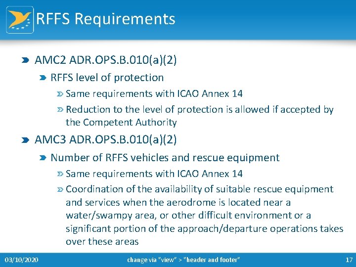 RFFS Requirements AMC 2 ADR. OPS. B. 010(a)(2) RFFS level of protection Same requirements