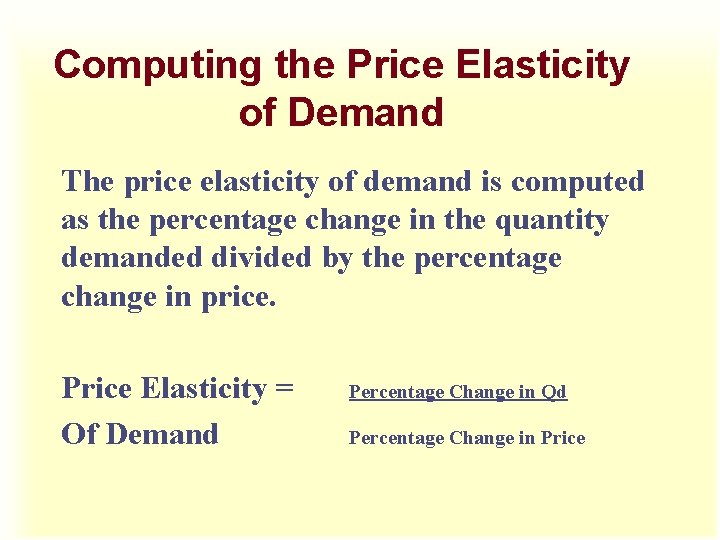 Computing the Price Elasticity of Demand The price elasticity of demand is computed as Computing the Price Elasticity of Demand The price elasticity of demand is computed as