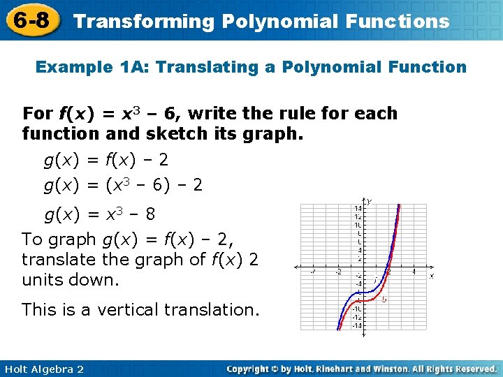 6 -8 Transforming Polynomial Functions Example 1 A: Translating a Polynomial Function For f(x)