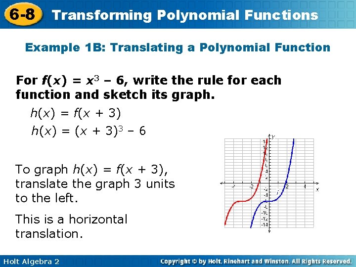 6 -8 Transforming Polynomial Functions Example 1 B: Translating a Polynomial Function For f(x)