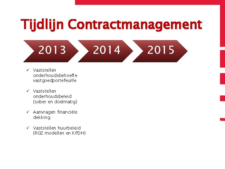 Tijdlijn Contractmanagement 2013 ü Vaststellen onderhoudsbehoefte vastgoedportefeuille ü Vaststellen onderhoudsbeleid (sober en doelmatig) ü